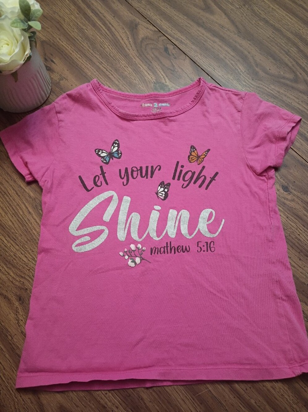 🦋Just 2 Cute Pink Short-Sleeve 'Shine' Graphic Tee with Butterflies Size 10/12